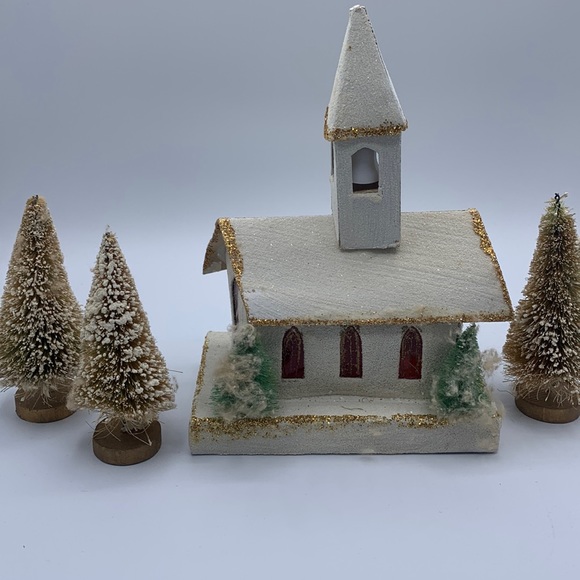 Vintage Putz Japan Church Pebble Glitter Cardboard Vintage Bottle Brush Trees